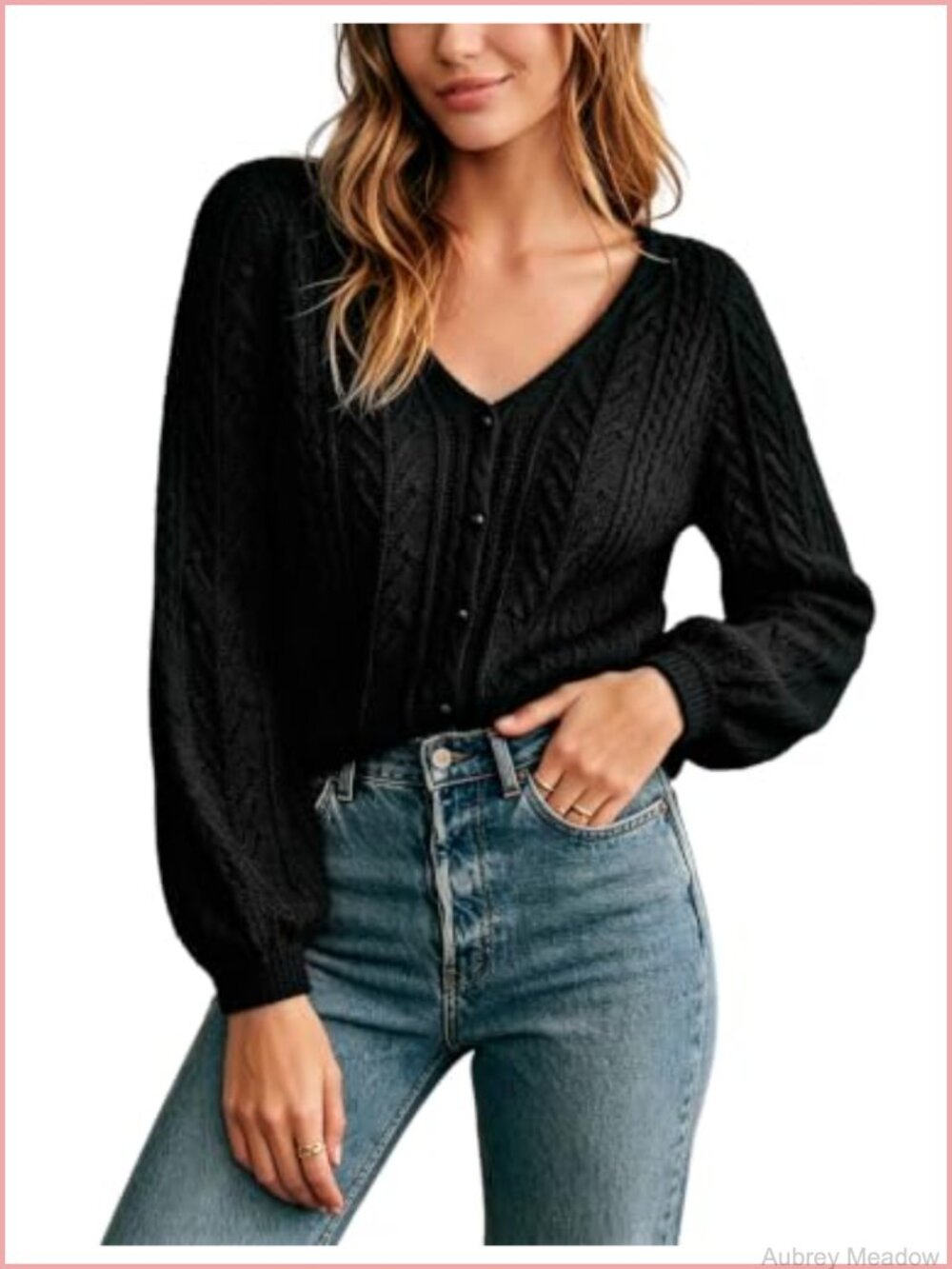Cotton Blend Cable Knit Button Down Cardigan Puff Sleeve V-Neck Sweater